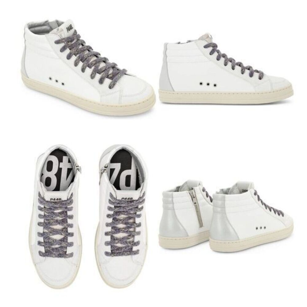 P448 Size 12 Women's White & Grey Leather Skate High Tops W/Fluffy Laces NWT